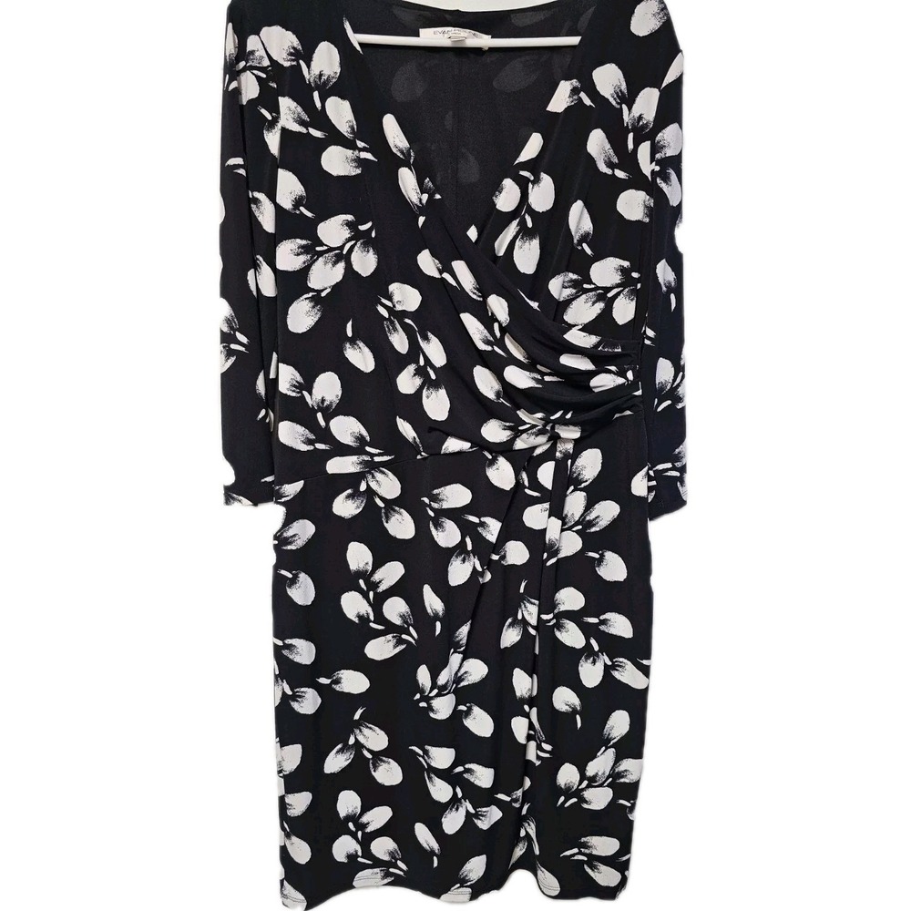 Evan-Picone 12 Large Women's Black White 3/4 Sleeve V Neck Sheath Midi Dress EUC